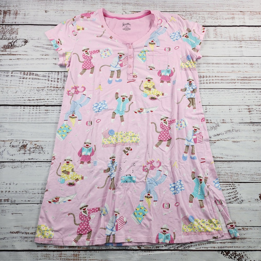 Nick & Nora Sock Monkey Nightgown Sleep Shirt Women's XXL Pink Cotton Blend